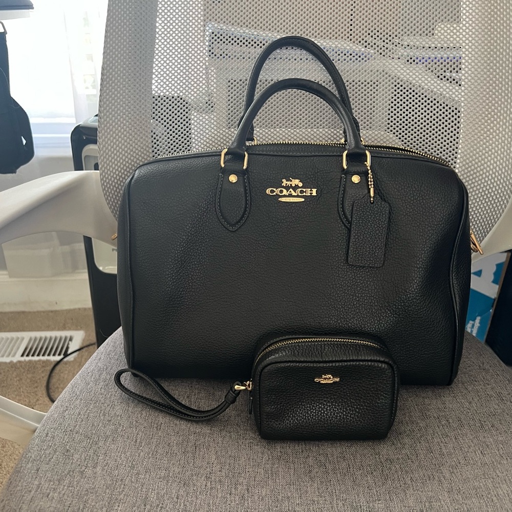 Coach Black Leather Bag and Pouch with Gold Accents